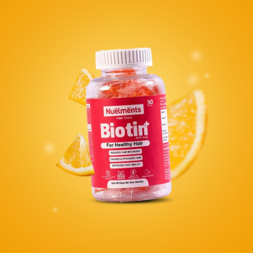 Nuelments Biotin Plus Gummies 5000 mcg for stronger hair, reduced hair fall, and improved skin and nails with 8 superfood ingredients and multivitamins.