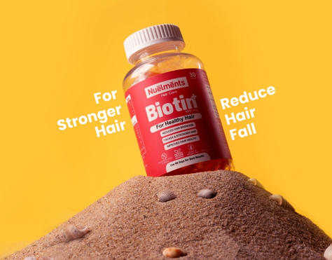 Nuelments Biotin Plus Gummies 5000 mcg for stronger hair, reduced hair fall, and improved skin and nails with 8 superfood ingredients and multivitamins.