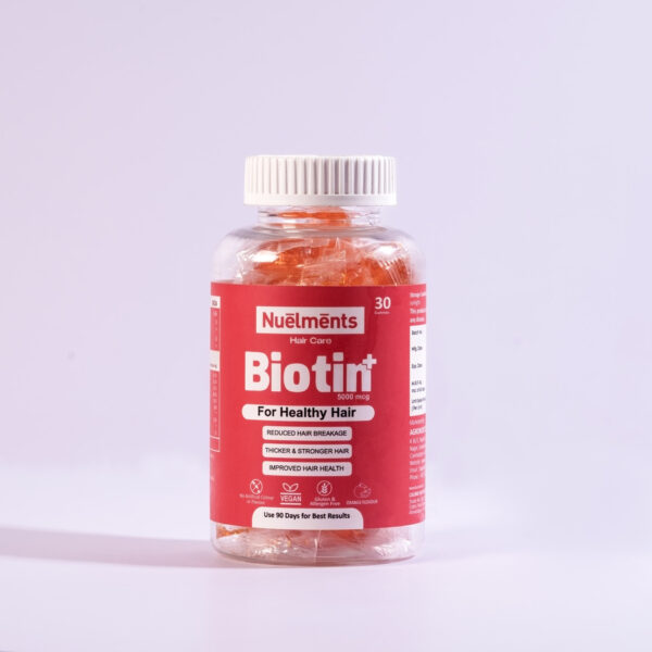 Nuelments Biotin Plus Gummies 5000 mcg for stronger hair, reduced hair fall, and improved skin and nails with 8 superfood ingredients and multivitamins.